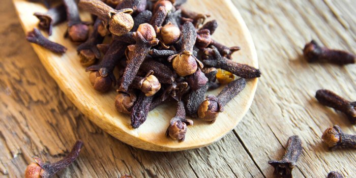 organic cloves (spices) on wooden spoon and rustic background close up