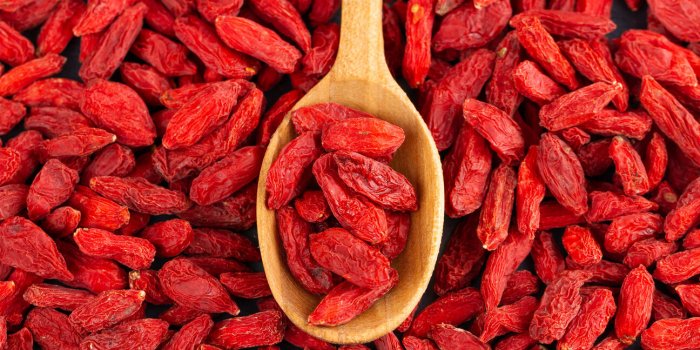 spoon with goji berries over red goji background healthy food concept