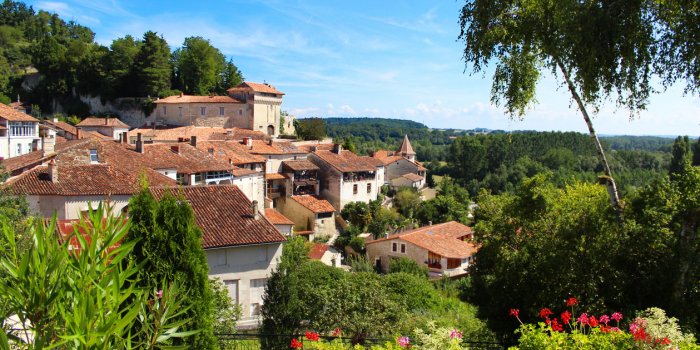 view of the charming village of aubeterre sur dronne with its typical old houses