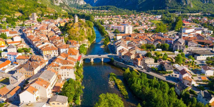 aerial view of historical center of french town tarascon-sur-ariege